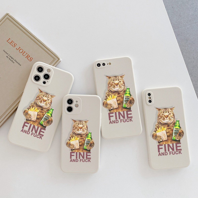 Ốp lưng iphone cạnh vuông mèo ôm bia dành cho ip 12promax xsmax 11 promax 7plus 8plus 6 plus x xr xs - E58
