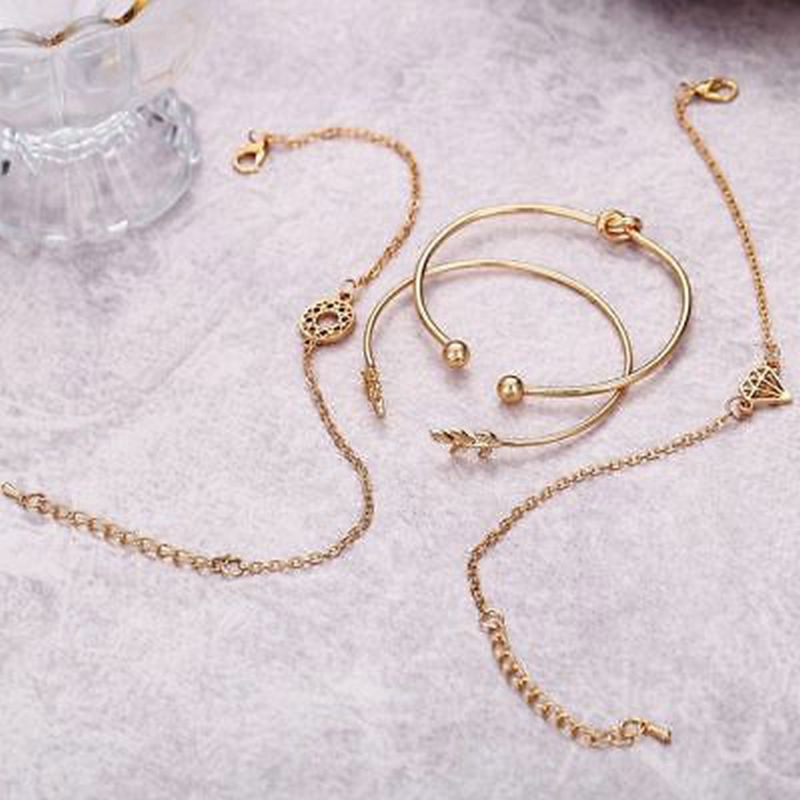 4pcs Fashion Leaf Knot Adjustable Open Bangle Gold Bracelet Jewelry