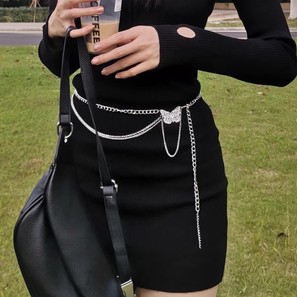 ( 2 mẫu) Thắt lưng sợi xích 3 tầng chi tiết cánh nơ xinh xắn Chain phụ kiện thắt eo/thắt lưng