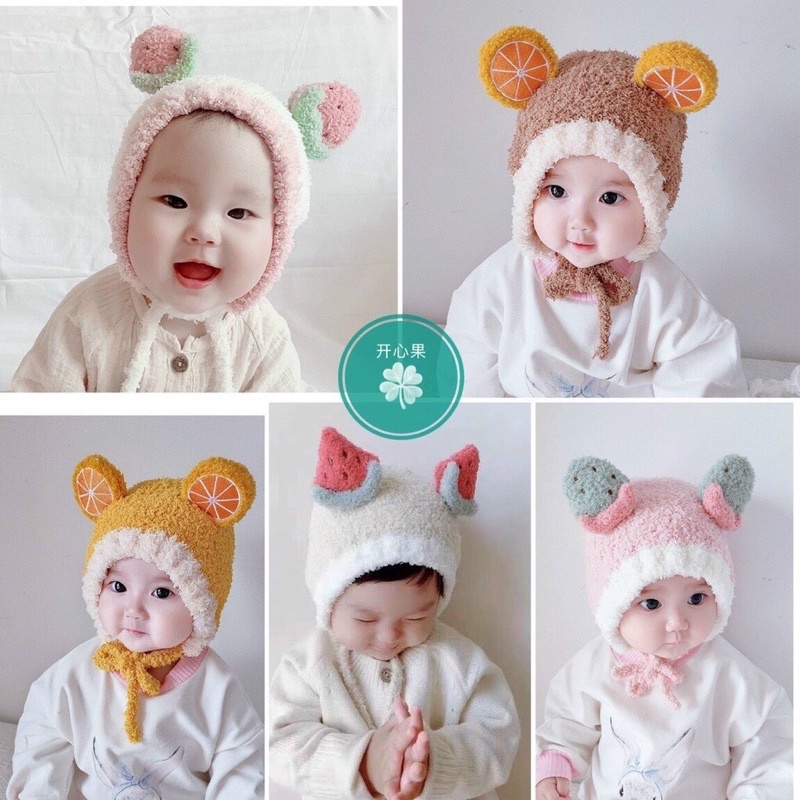 Mũ Lông Cừu Buộc Dây Hình Trái Cây Đáng Yêu Cho Bé