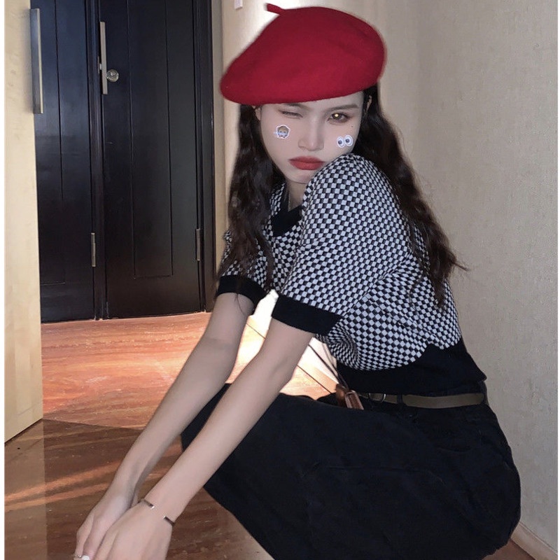 Áo Sweater Tay Ngắn Họa Tiết Sọc Caro Màu Tương Phản Thời Trang Mùa Hè Phong Cách Retro