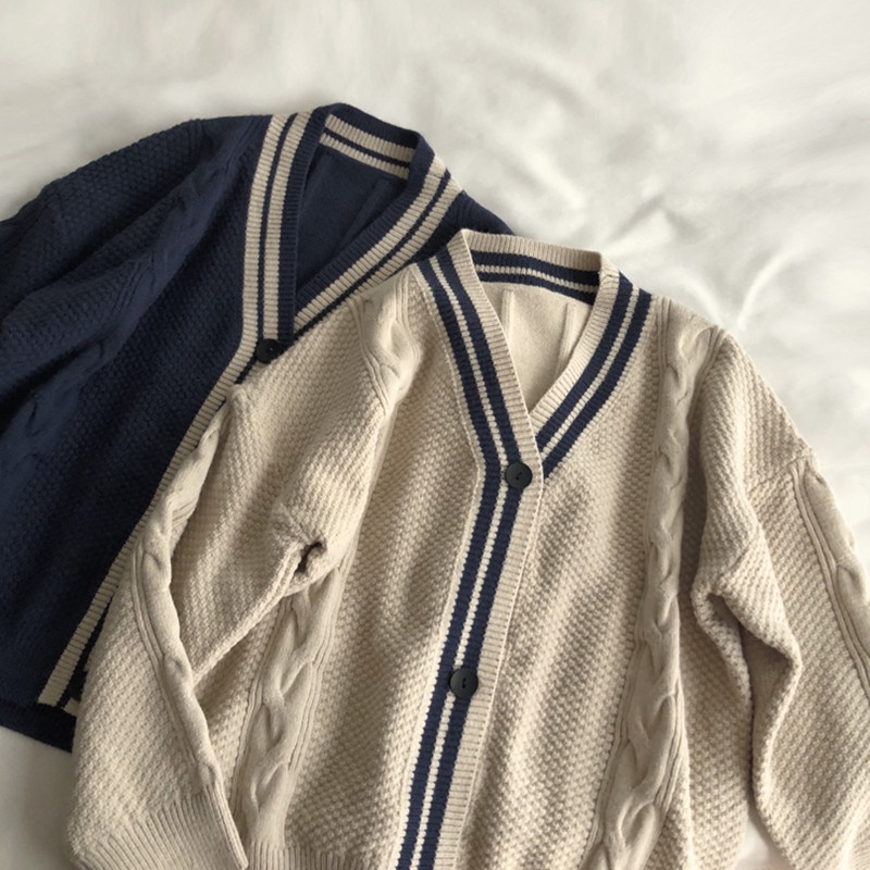 SUXI Áo khoác cardigan dệt kim tay dài cổ chữ V phong cách mùa thu Hàn Quốc thanh lịch cho nữ