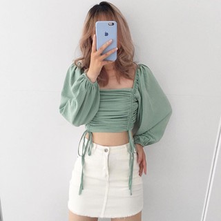 Áo xanh rút dây 2 bên tay dài đi biển mát mẻ