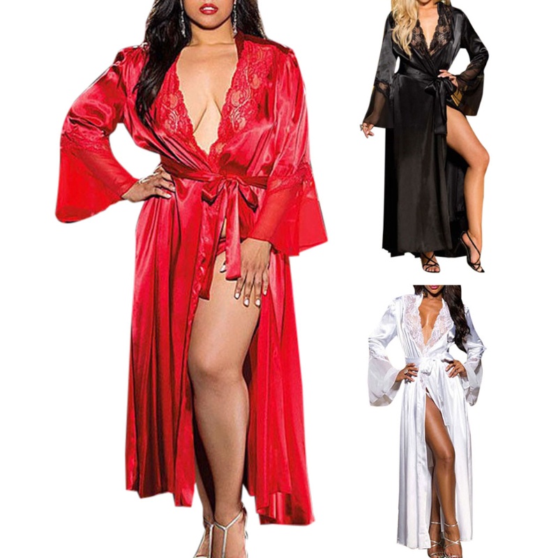 Xiangbao Đầm Ngủ Kimono Dài Bằng Lụa Lạnh Phối Ren Màu Trơn Gợi Cảm Cho Nữ