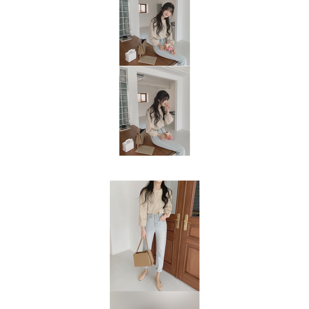 Áo Sơ Mi Tay Ngắn Phồng Cổ Chữ V Họa Tiết Kẻ Sọc Phong Cách retro Pháp Thời Trang Cho Nữ