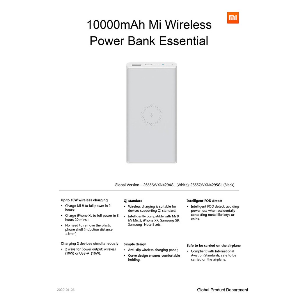 Pin sạc dự phòng Xiaomi 10000mAh Wireless Essential/ Trắng (White) (VXN4294GL)