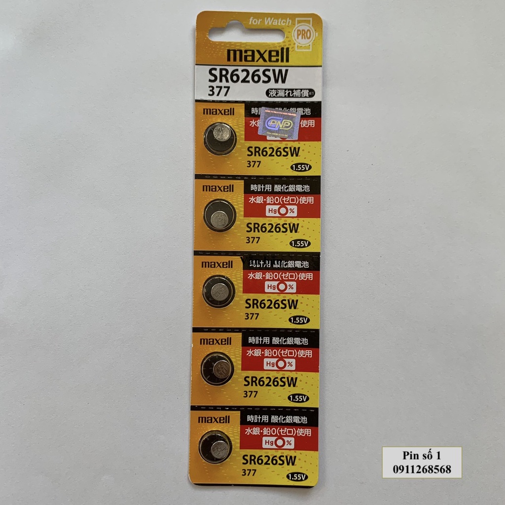 Vỉ 5 viên Pin đồng hồ đeo tay 377 626 SR626SW Maxell PRO xuất xứ Nhật Bản