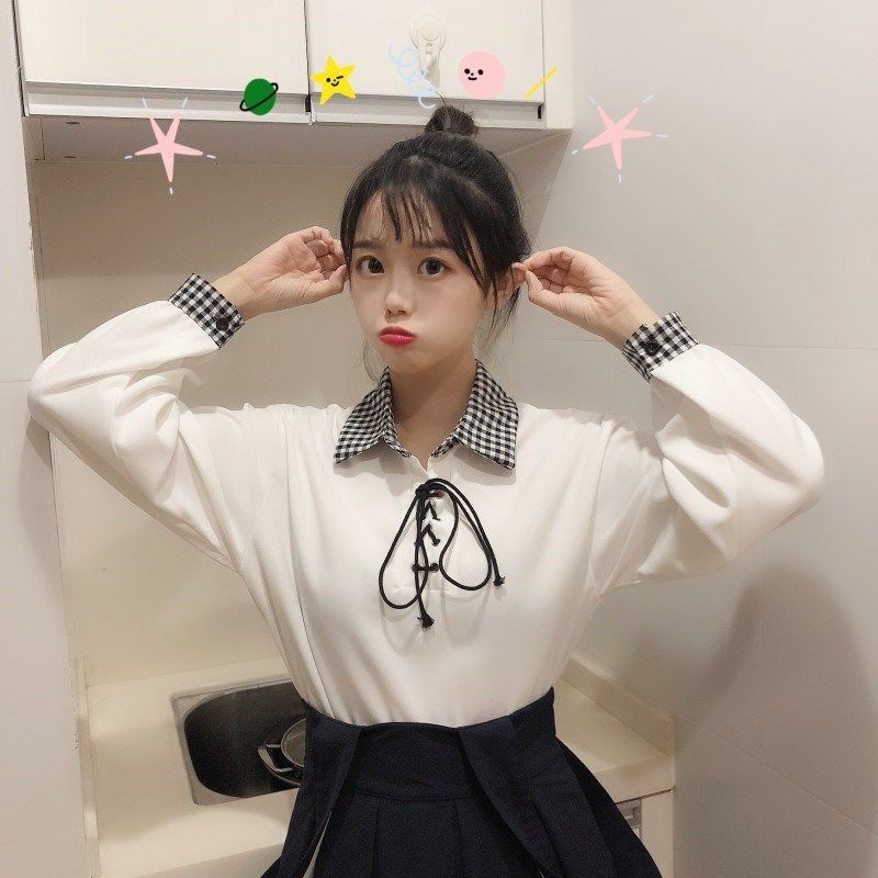 Áo polo Tay Dài Cổ Thắt Nơ Họa Tiết Caro Thời Trang Dành Cho Nữ