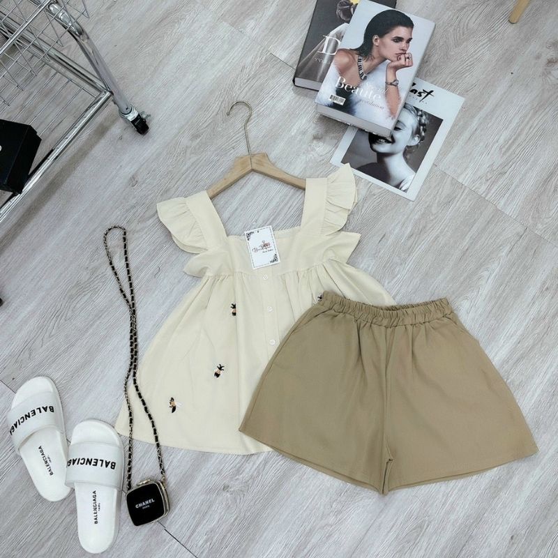 Bộ mặc nhà babydoll nữ thêu tổ ong tay cánh tiên chất đũi lụa mềm mát - Mã B110