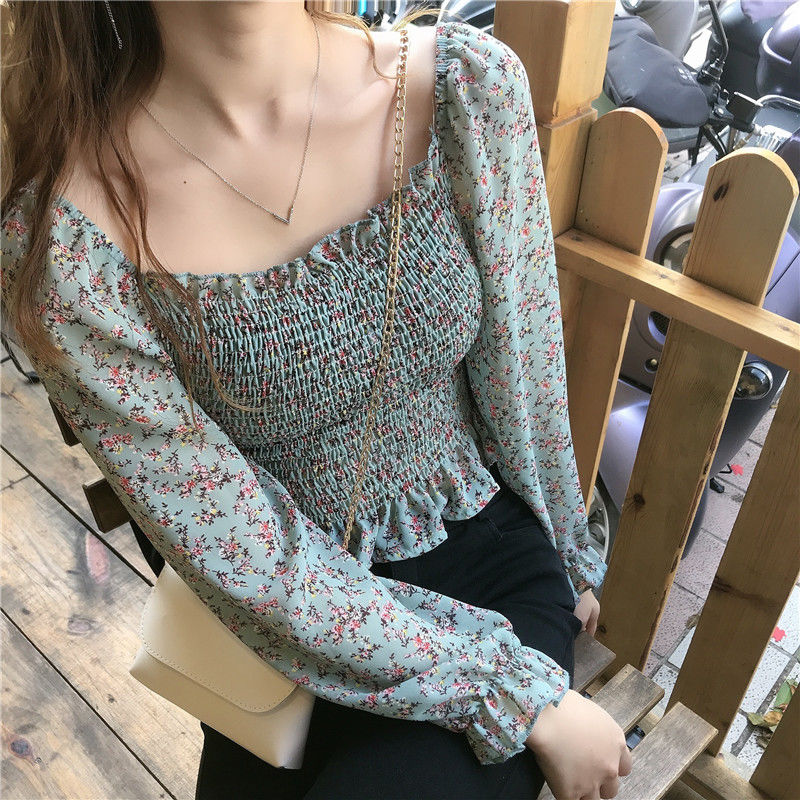 Áo croptop BH vải voan cổ vuông hoạ tiết hoa xinh xắn gợi cảm cho nữ