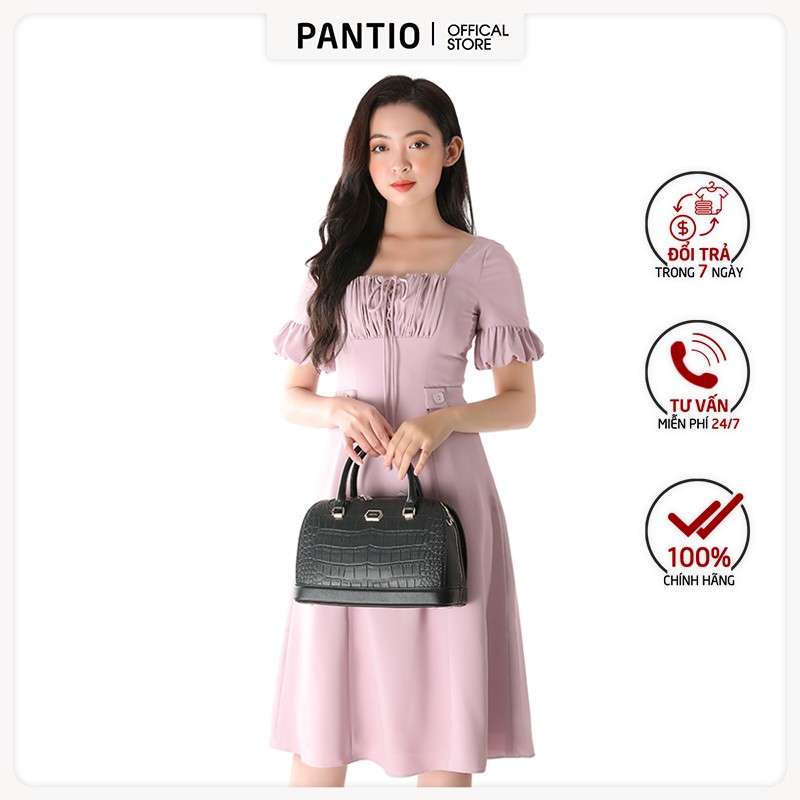 Đầm công sở chất liệu thô, dáng chữ A cổ vuông ngắn tay FDC12575 - PANTIO