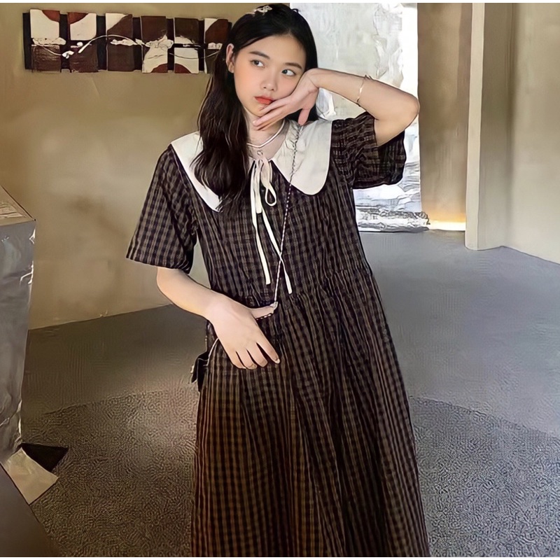 Váy Baby Doll Caro Vintage Cổ Búp Bê Thắt Nơ Xinh Xắn