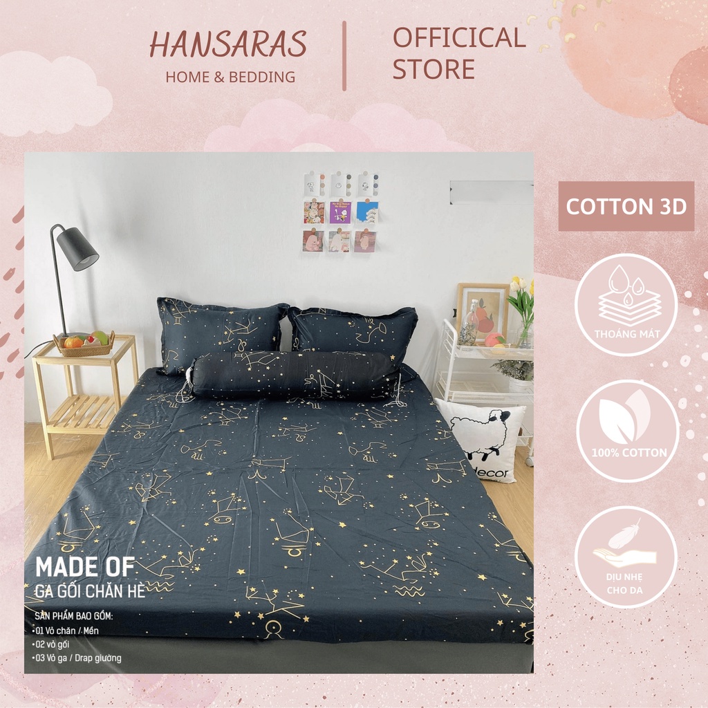 Bộ ga giường vỏ gối nằm cotton 3D HANSARAS mềm mại bo chun miễn phí