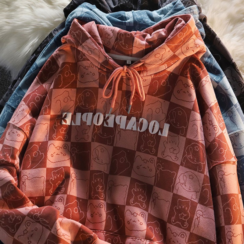 Xiaozhainv Áo Nỉ Hoodie Tay Dài Dáng Rộng In Họa Tiết Caro Phong Cách Retro 3 Màu Lựa Chọn | BigBuy360 - bigbuy360.vn