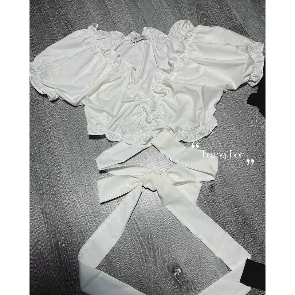 [Ảnh thật] Áo croptop nhún bèo - THẮT NƠ - Có mút