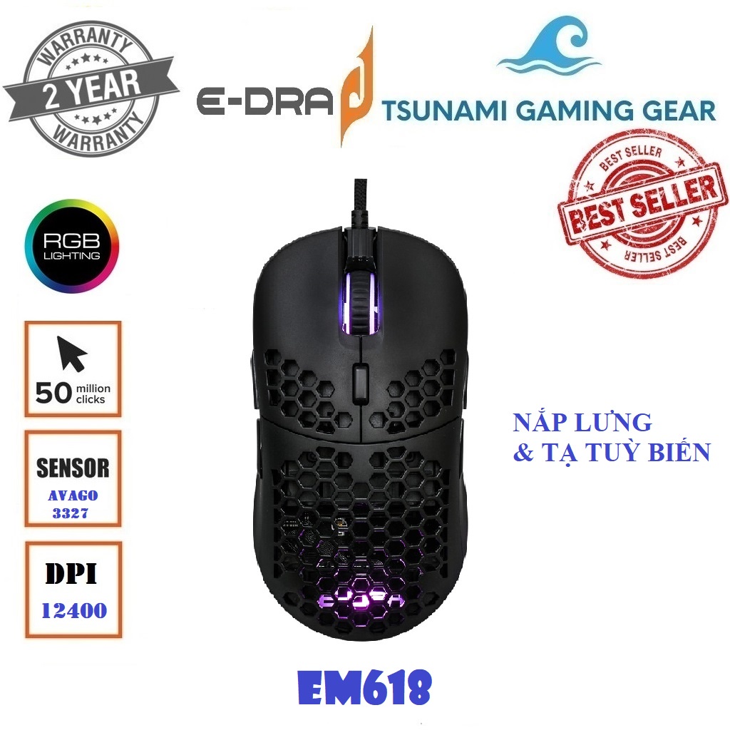 Chuột gaming E-Dra EM618 RGB, Avago 3327, DPI 12400, thay nắp lưng và tạ tùy biến - Hàng chính hãng