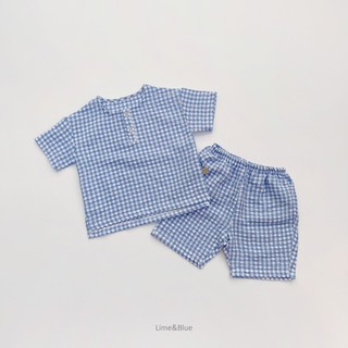 Bộ kẻ khuy nội địa Hàn Quốc Lime & Blue