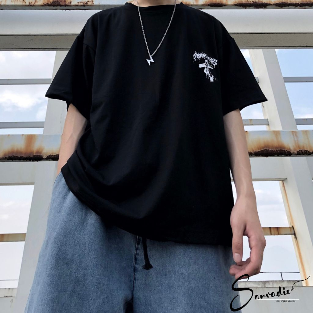 Áo thun SANVADIO unisex tay lỡ phông form rộng oversize 2 màu cam và đen cotton dáng xuông