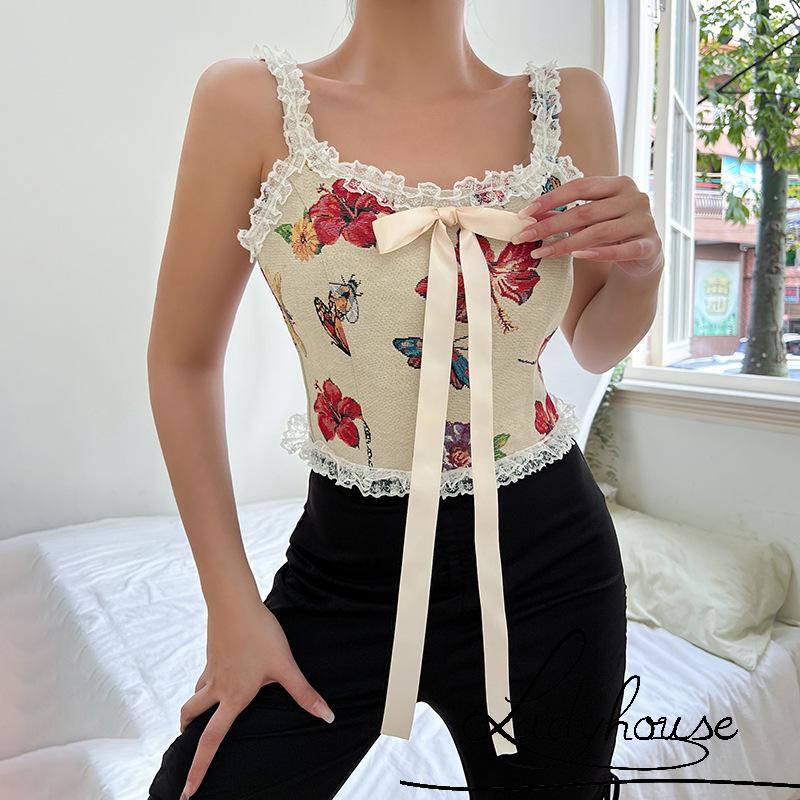 Ld-áo Crop Top Không Tay Cổ Chữ U In Họa Tiết Bướm Phối Ren Kiểm S/M/L Cho Nữ