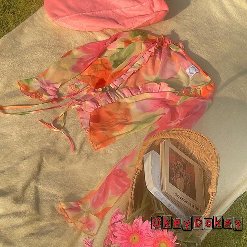 Áo Khoác Cardigan Tay Dài Dạng Xòe In Họa Tiết Hoa Xuyên Thấu Phong Cách BOHO Thời Trang Mùa Hè Cho Nữ