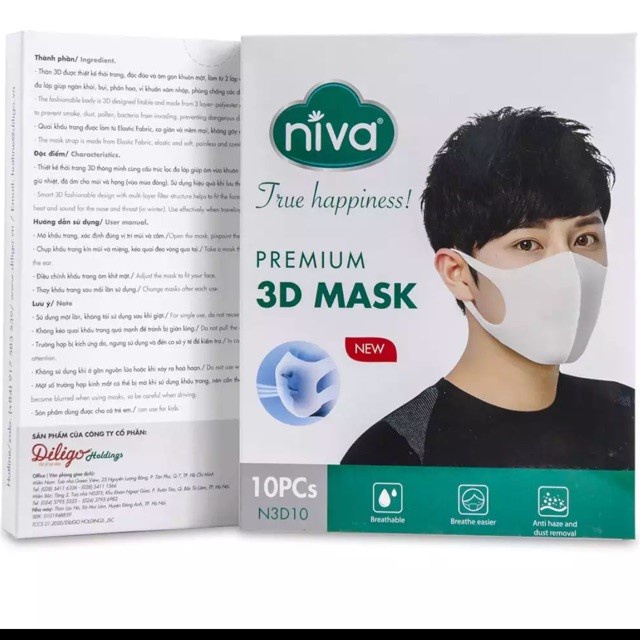 Khẩu trang Niva 3D Người Lớn Hộp 10 chiếc, hàng công ty, chất liệu mềm mại, không hằn da