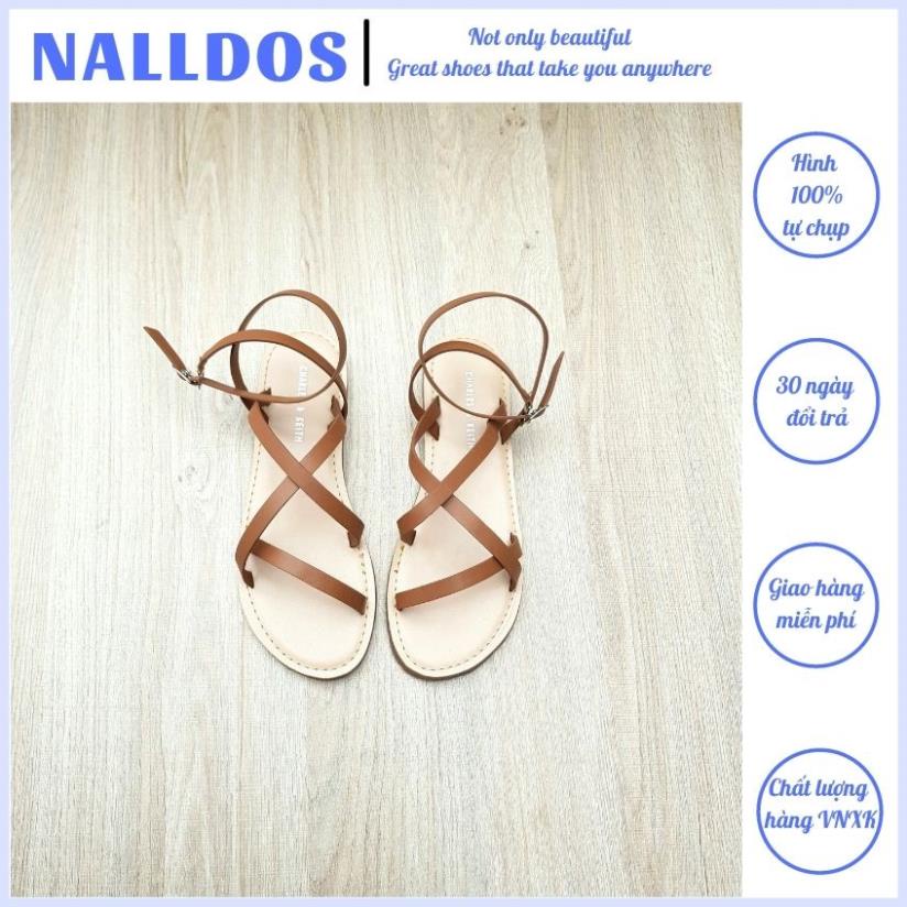 Sandal nữ chiến binh dây mảnh NALLDOS quai da Microfiber đế bằng 4 màu ( Đen, Bò, Hồng, Rêu)