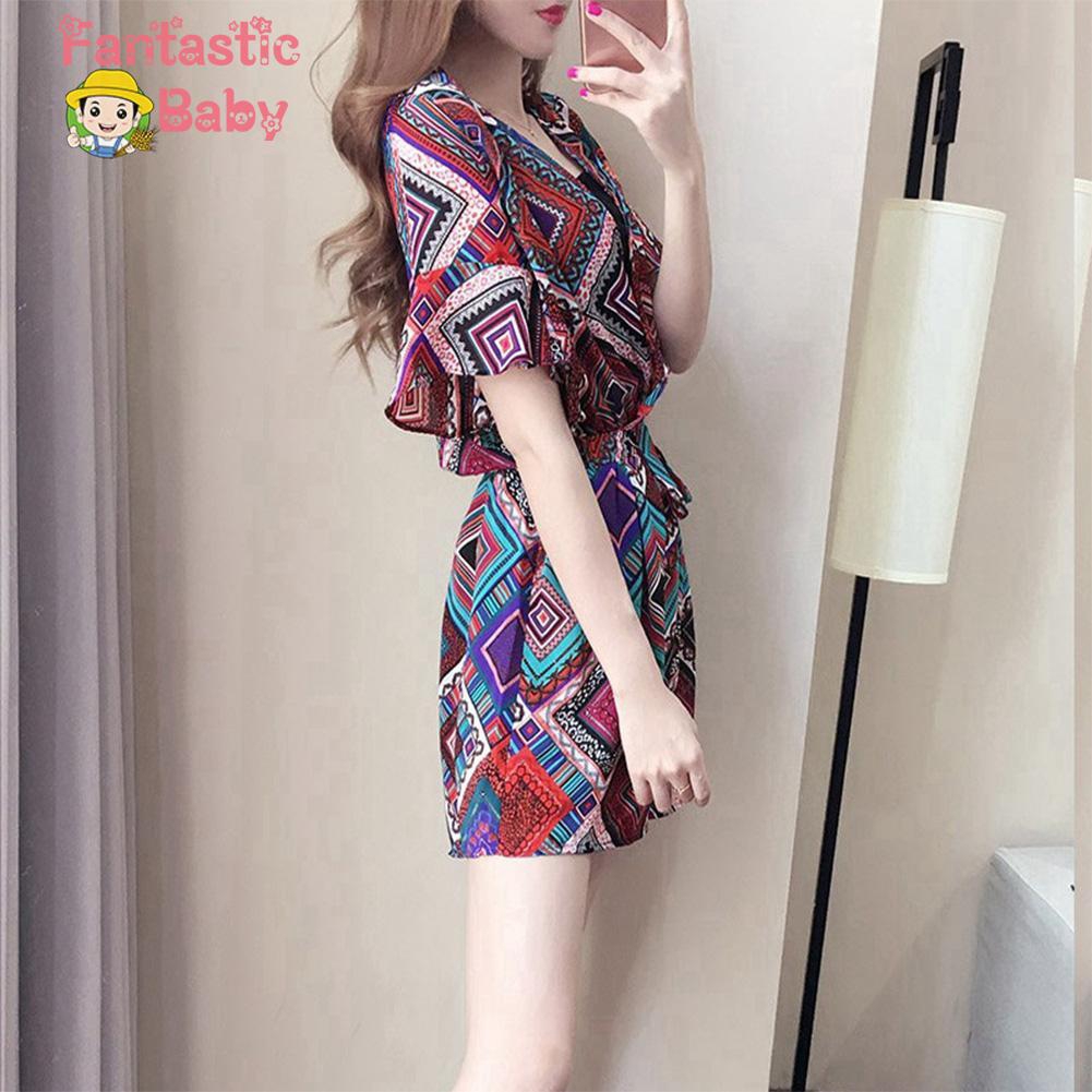 Jumpsuit nữ lưng cao họa tiết hình học thời trang mùa hè cho nữ