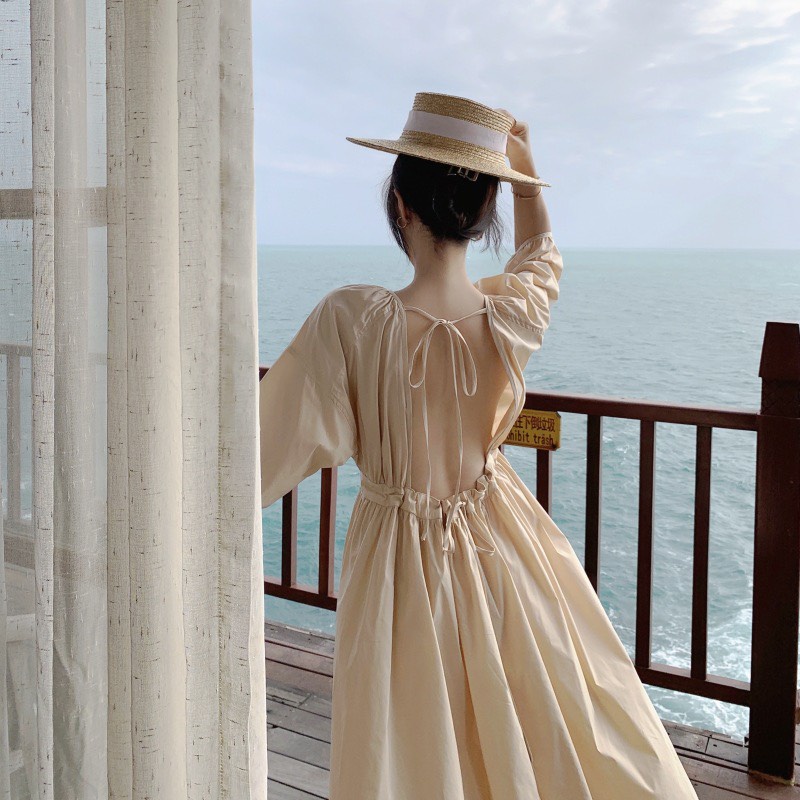 Váy Hở Lưng Buộc Dây 👙FREESHIP👙 Đầm Tay Phồng Nữ Màu Beggi - Thời Trang Biển 2022