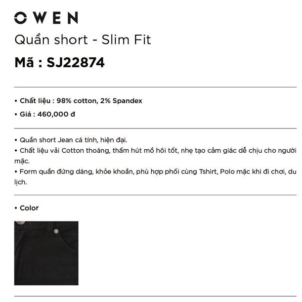 (SALE SỐC) Quần Short Nam Owen SJ22874 Quần Short Jean Màu Đen Kiểu Dáng Slim Fit Chất Liệu Cotton