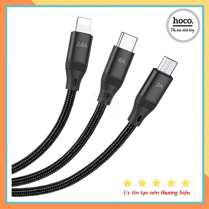 Cáp sạc nhanh và truyền dữ liệu 3 đầu 66W Hoco U104 hàng chính hãng bảo hành 12 tháng