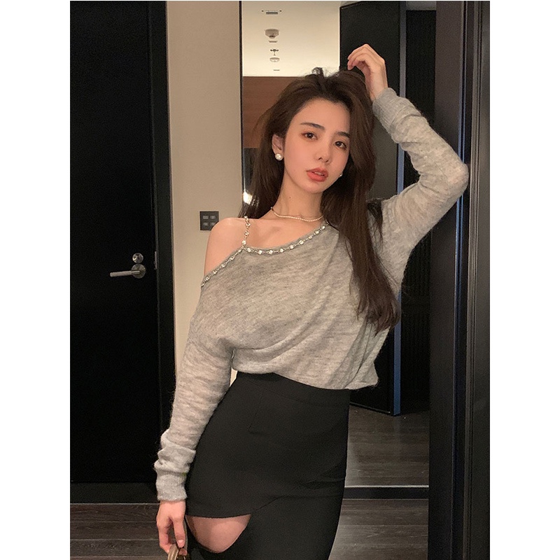Porozi  Áo sweater dệt kim tay dài trễ vai phong cách Hàn Quốc thời trang cho nữ