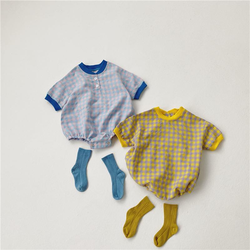 Áo Liền Quần Tay Ngắn Chất Liệu Cotton Họa Tiết Sọc Caro Cho Bé Trai 0-18 Tháng Tuổi