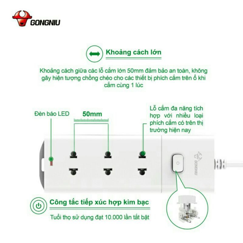 Ổ Cắm Điện Gongniu 3 ổ 1 Công Tắc-2500W/10A