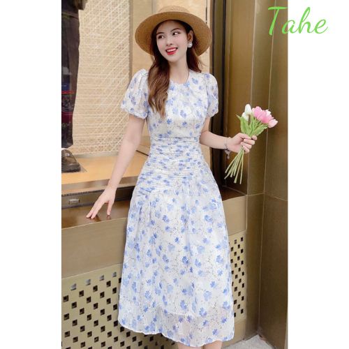 Váy dài hoa xếp ly thiết kế cao cấp dáng xòe vải voan cao cấp Tahe V122