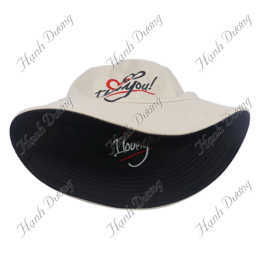 Nón bucket 2 mặt thêu hình trái tim I LOVE YOU