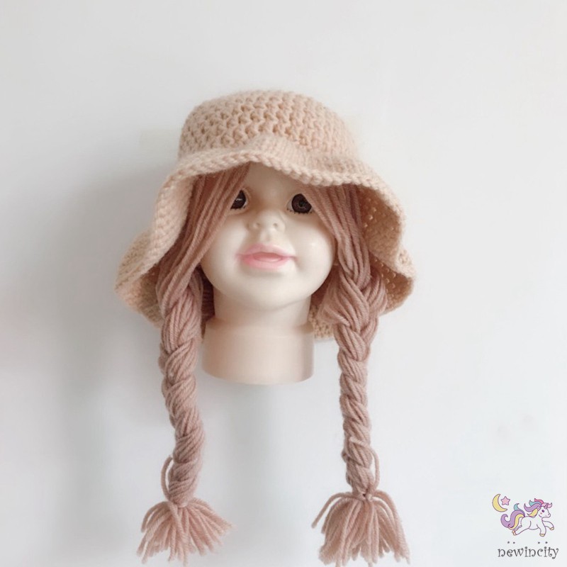 Mũ Len Kèm Tóc Giả Thắt Bím Dễ Thương Cho Bé Gái