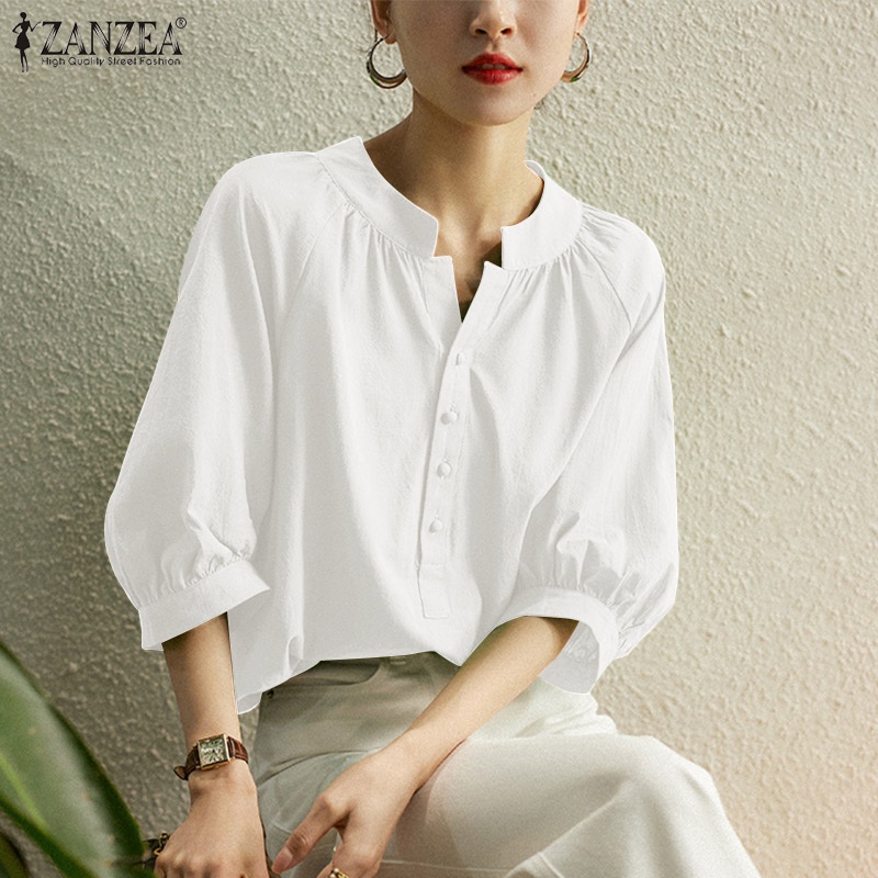 Áo kiểu ZANZEA tay lửng cổ tròn xếp ly thời trang dành cho nữ