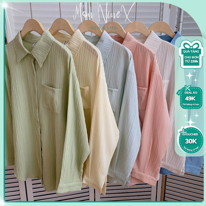 Áo Sơ Mi Nữ Form Rộng Mon Ninex Tay Dài , Sơ Mi Nữ Chất Đũi Xốp Gân Cao Cấp Nhiều Màu