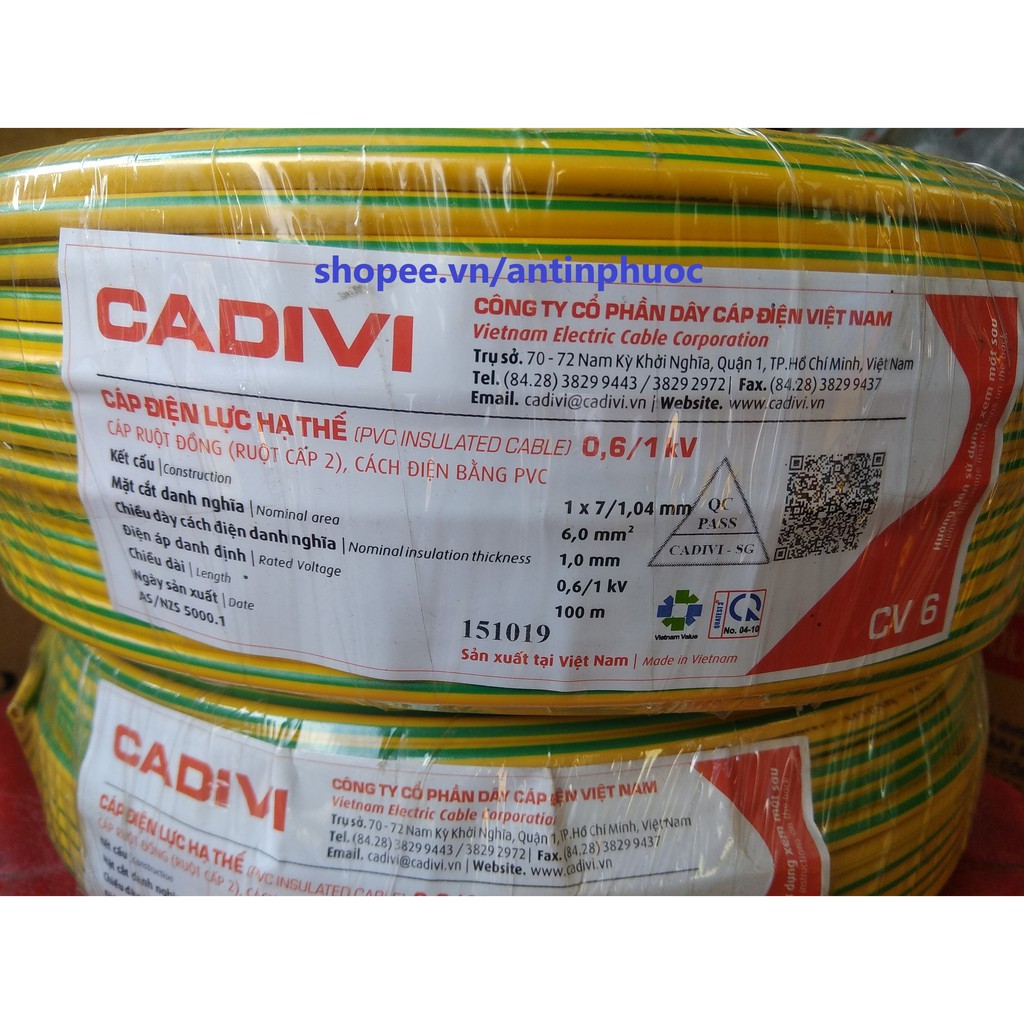 Dây te Cadivi Vàng Xanh cv 6.0 mm (dây tiếp địa , PE ) cuộn 100 mét - dây cáp điện cadivi 6.0