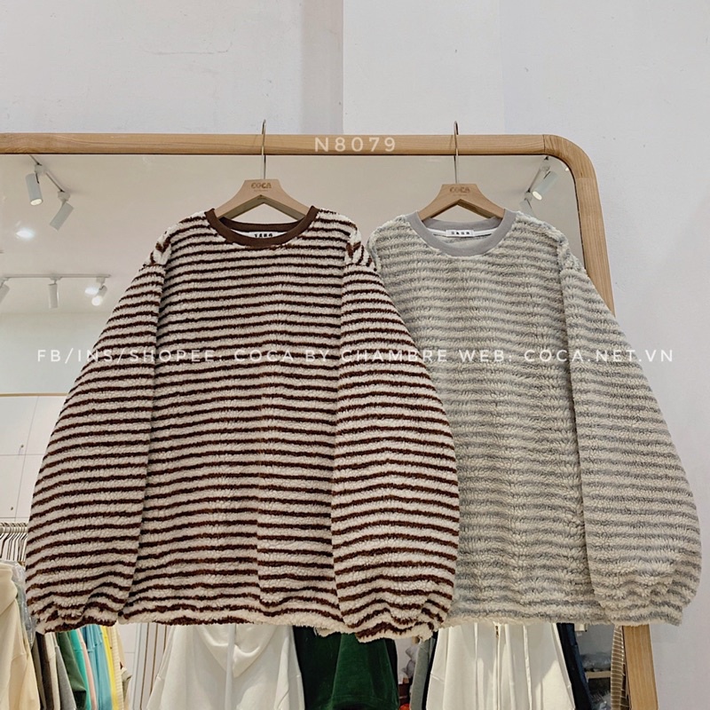 [N8079]️‍ Áo sweater nỉ lông cừu xù dày kẻ nhỏ form rộng phong cách Hàn Quốc (Có sẵn/ảnh thật)