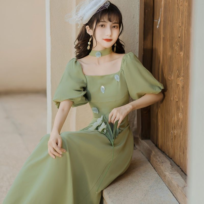 Đầm Dài Cổ Vuông Tay Phồng Thời Trang Mùa Hè Phong Cách Retro Pháp Cho Nữ