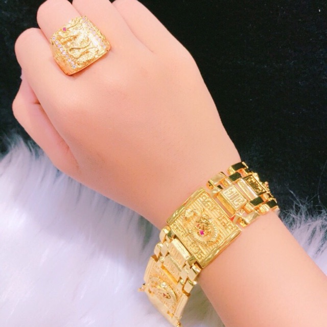 Set lắc tay nam nhẫn nam rồng nổi chấm đỏ dát vàng 18k