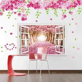 Decal dán tường Combo Khung cửa+ vườn hoa anh đào to nhất