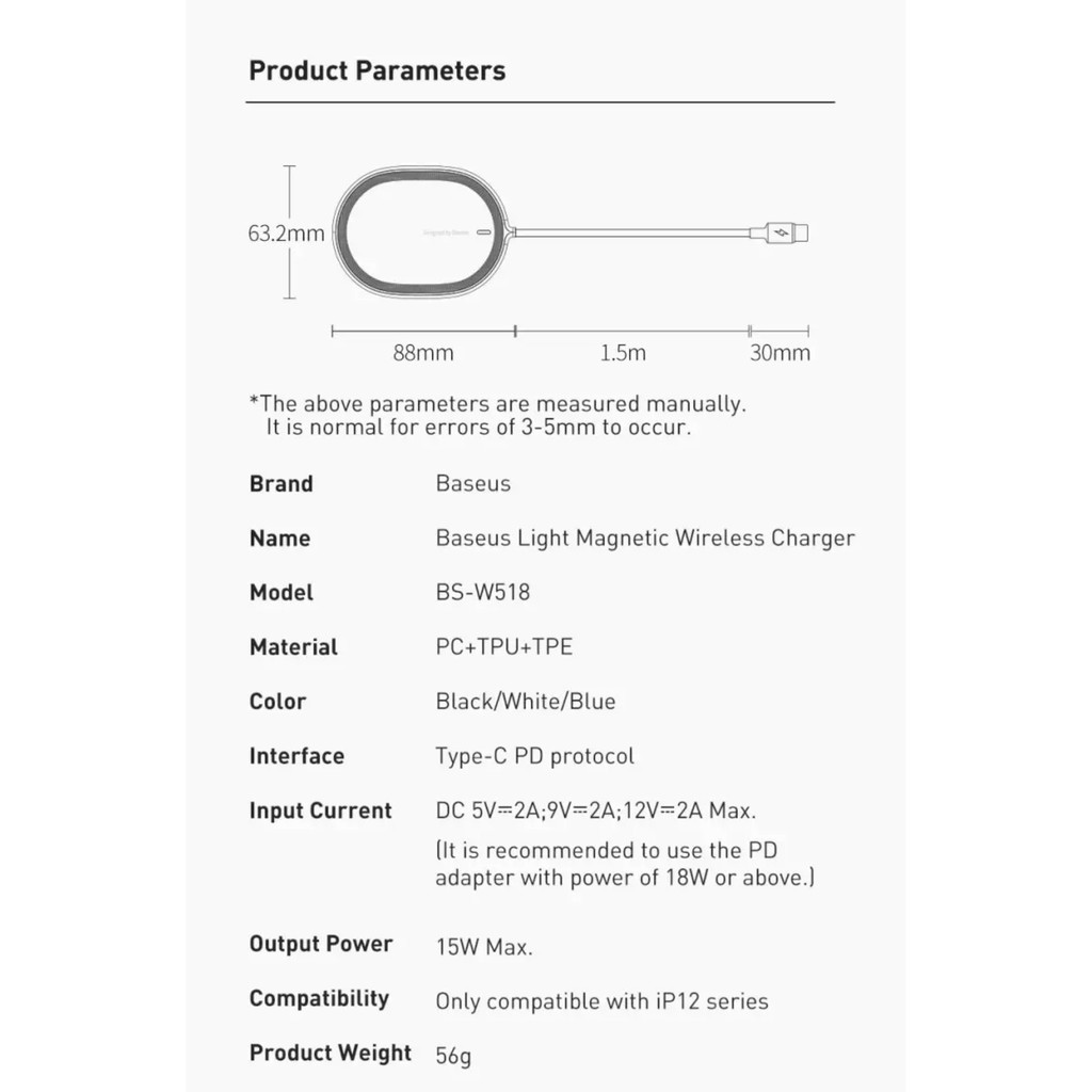 Sạc không dây nam châm 15W cho Iphone 12 Baseus Light Magnetic