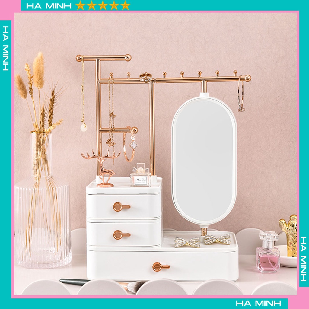 Hộp đựng mỹ phẩm cao đa năng có gương để bàn trang điểm có trang sức giá đỡ vòng cổ
