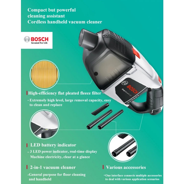 Máy hút bụi cầm tay không dây BOSCH EasyVacuum 12.Tiện dụng đa năng gọn nhẹ cho ô tô, gia đình.Hàng nhập khẩu chánh hãng