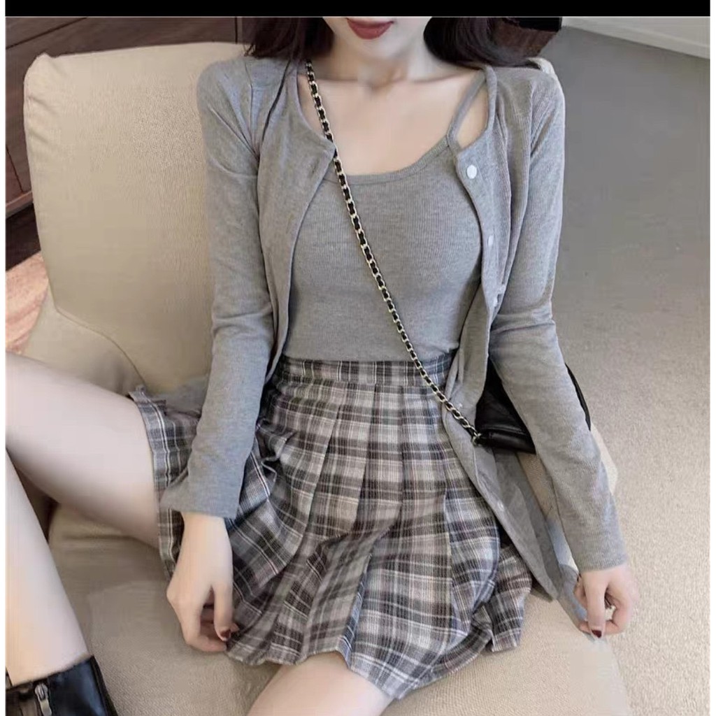 (Ảnh thật + clip) Set áo 2 dây croptop , áo cardigan len dệt kim | BigBuy360 - bigbuy360.vn