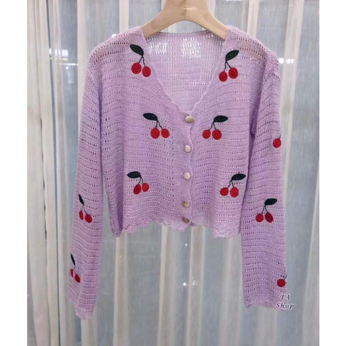 Áo cadigan mỏng thêu cherry hàng QC
