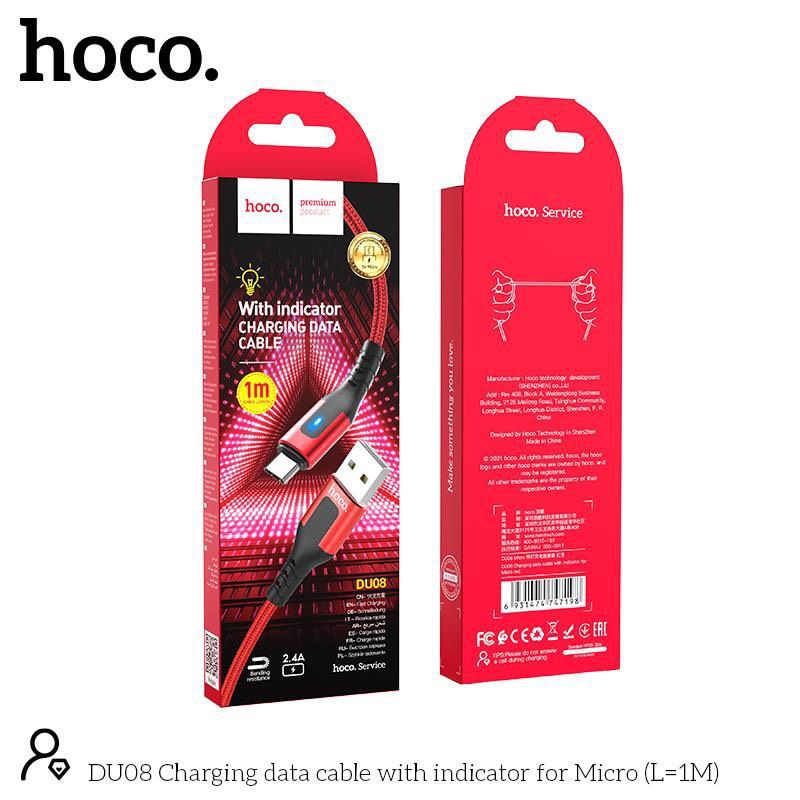 Cáp sạc Hoco DU08/DU08 Plus Micro USB, sạc nhanh 2.4A, dây bọc dù chống đứt, có đèn LED dài 1m/2m