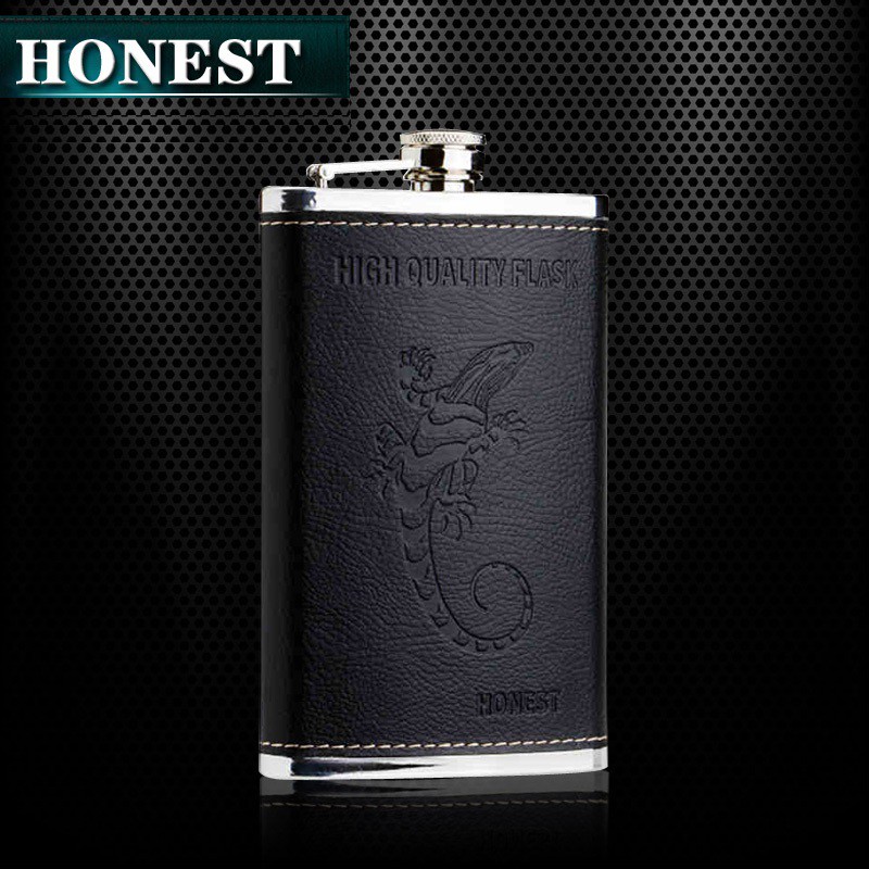 Bình đựng rượu inox Honest 10oz bọc da, hoa văn tắc kè sang trọng &amp; độc đáo